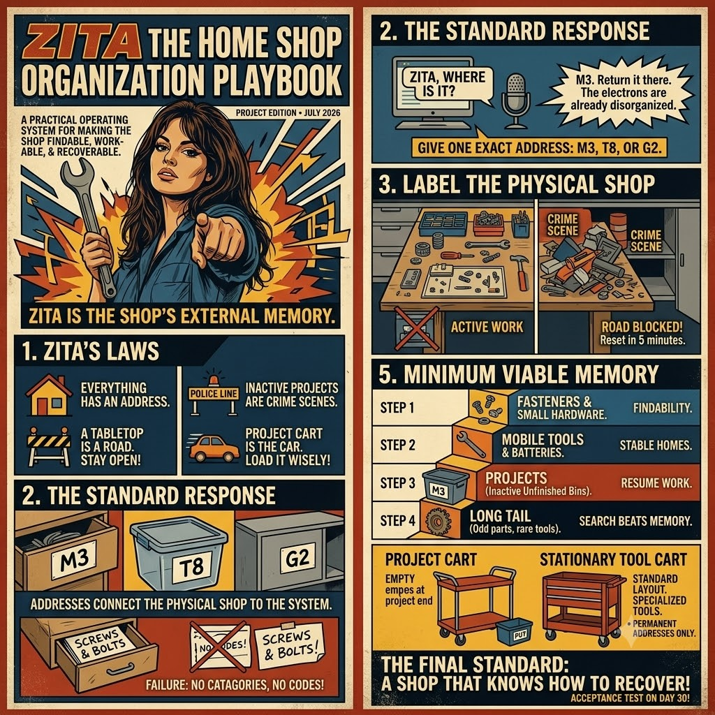 The Zita home shop organization playbook: Zita's laws, the standard response of one exact address like M3 or T8, labeling the physical shop, and the minimum viable memory steps from fasteners to long-tail parts.