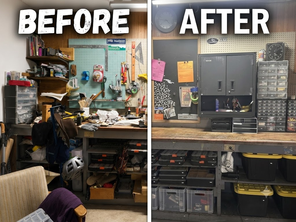 Before and after photos of a home workshop bench: cluttered tools and piles on the left, organized labeled bins and a clear bench on the right.